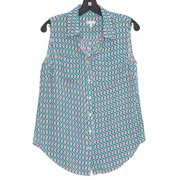 Talbots Top Birds Preppy Retro Boho Maximalist Mod Eclectic Button Up Blue Small - Picture 1 of 4